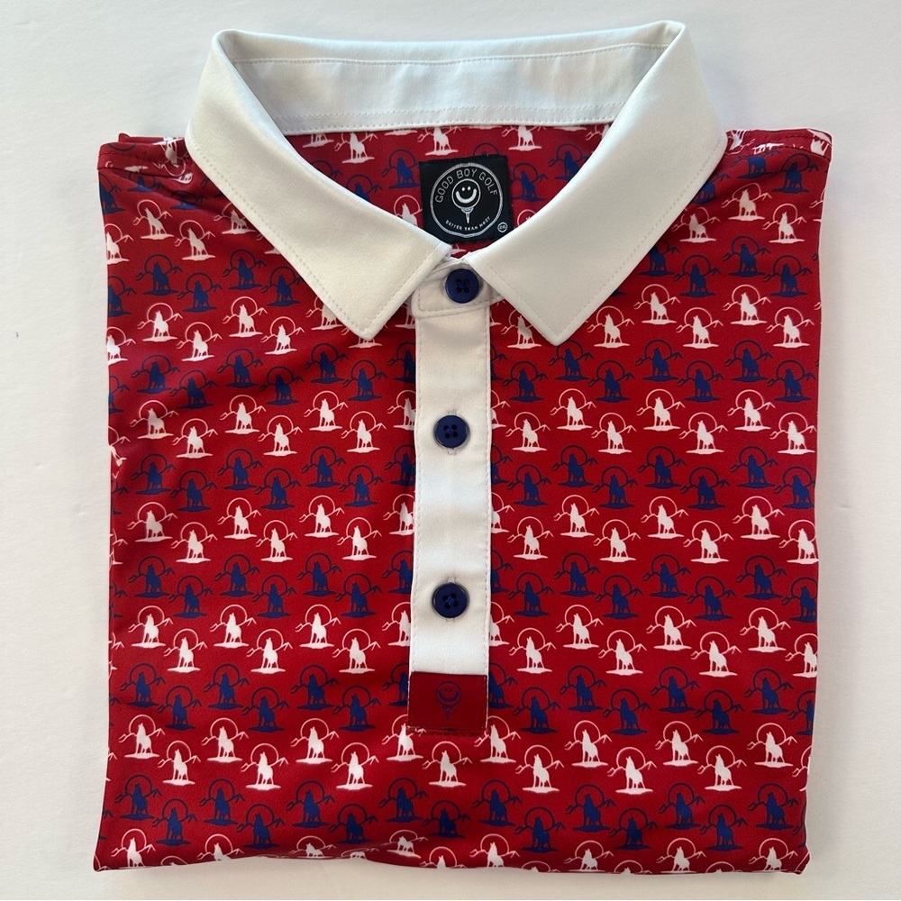 Good Boy Golf Polo Shirt Mens 2XL XXL Red Wolf Performance Athletic Preppy